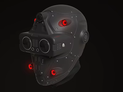 Game Movie Character Black Mechanical Helmet With Red Glowing Elements And Futuristic Design 3d model