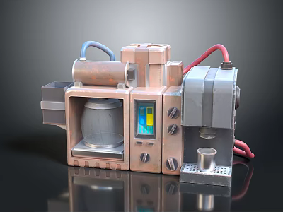 Small Industrial Computer Device With Copper Gray Structure Blue Red Wires And Display Screen 3d model