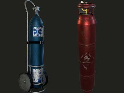 Household Living Supplies Blue Wheeled Gas Cylinder And Red Vintage Decorative Metal Containers 3d model