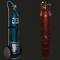 Household Living Supplies Blue Wheeled Gas Cylinder And Red Vintage Decorative Metal Containers