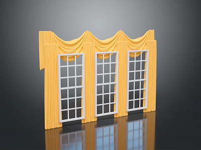 Elegant Yellow Curtains With Draped Design For Three Home Windows 3d model