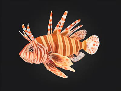 Vibrant Orange Striped Lionfish With Spines And Spots On Black Background 3d model