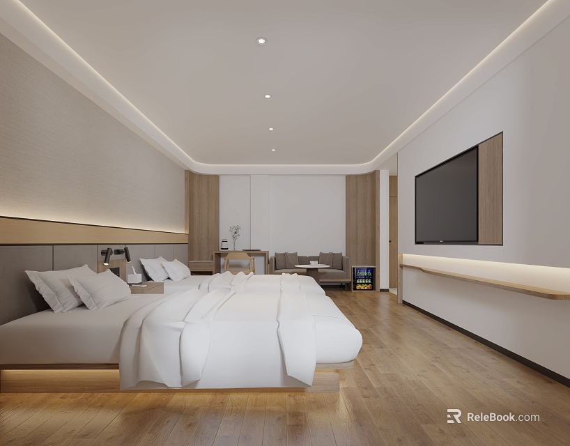 Modern Hotel Room With Large Bed White Bedding Wooden Flooring Flat Screen TV And Sofa 3d model 