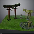 Traditional Japanese Garden With Torii Gate Wooden Shrine Stone Lantern Water Basin And Green Grass