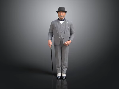 Elderly Gentleman In Gray Suit With Black Top Hat And Walking Cane 3d model