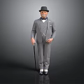 Elderly Gentleman In Gray Suit With Black Top Hat And Walking Cane