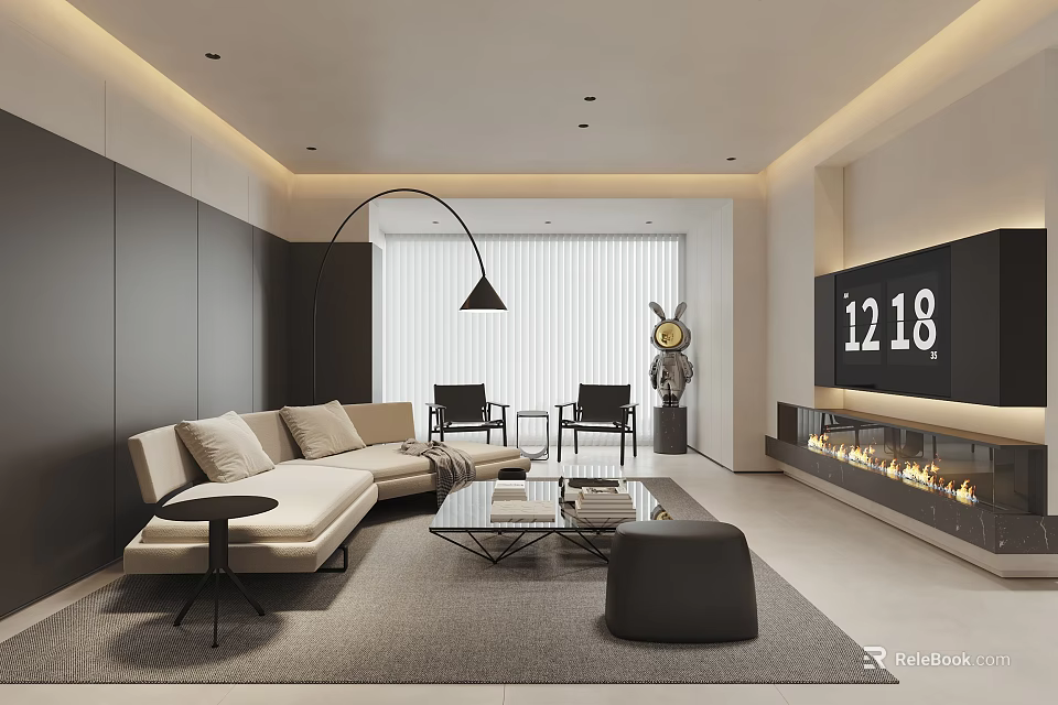 Modern Living Room Interior With Sofa Coffee Table Chairs Floor Lamp Fireplace And TV 3d model 