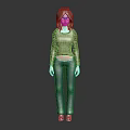 Female Character With Brown Hair In Green Top Camouflage Sleeves And Blue Jeans Standing On Dark Background