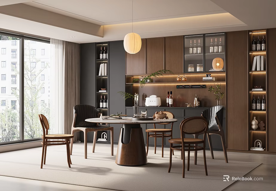 Modern Restaurant Interior With Round Dining Table Wooden Chairs Pendant Light And Wooden Cabinets 3d model 