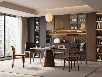 Retro Style Restaurant Dining Table and Chair Chandelier Wine Cabinet 3d model