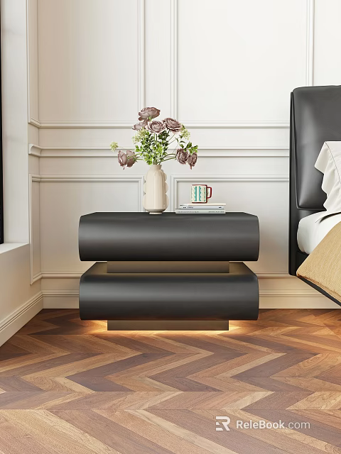 Modern Black Nightstand Design With Vase Flowers And Books In Bedroom 3d model 