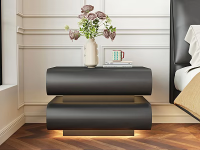 Modern Black Nightstand Design With Vase Flowers And Books In Bedroom 3d model