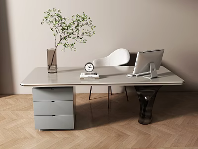 Modern Desk With Vase Green Plant Clock Book Laptop And White Chair On Wooden Floor 3d model