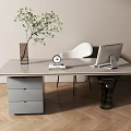 Modern Desk With Vase Green Plant Clock Book Laptop And White Chair On Wooden Floor