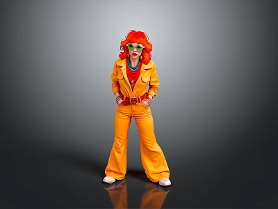 Woman in Orange Flared Pantsuit with Red Curly Hair Posing on Gray Background 3d model