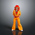 Woman in Orange Flared Pantsuit with Red Curly Hair Posing on Gray Background