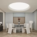 Modern Restaurant Interior With Round Marble Dining Table White Chairs Ceiling Light And Plants 3d model