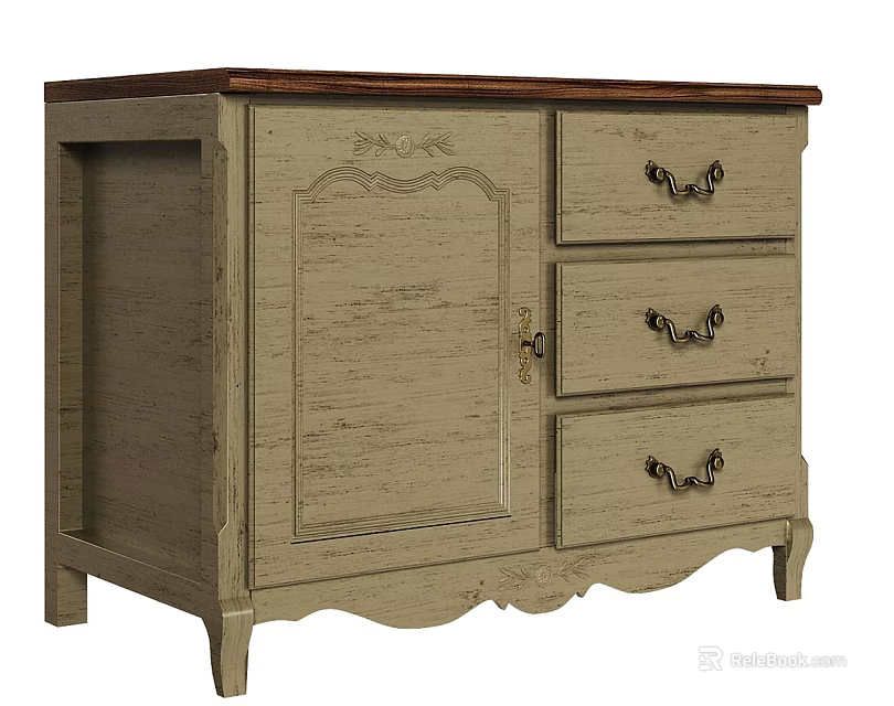 Vintage Light Wood Dresser With Carved Details Cabinet Door And Metal Handles 3d model 