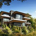 Modern Detached Villa with Large Glass Windows Stone Walls and Wooden Terrace in Wooded Mountains