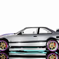 Silver Sports Car With Blue Stripes Rear Spoiler And Gold Alloy Wheels On Reflective Surface