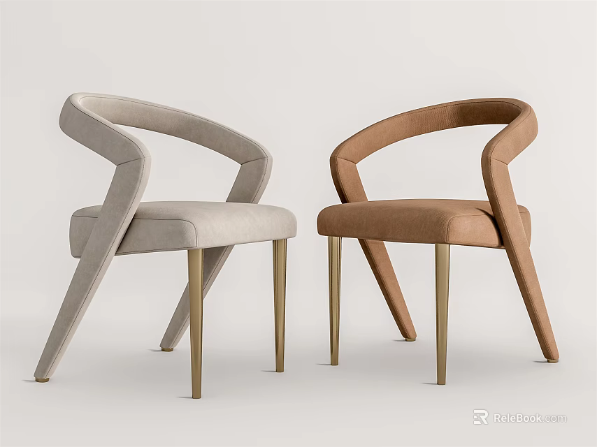 Two Light Gray And Brown Dining Chairs With Curved Backrest And Metal Legs 3d model 
