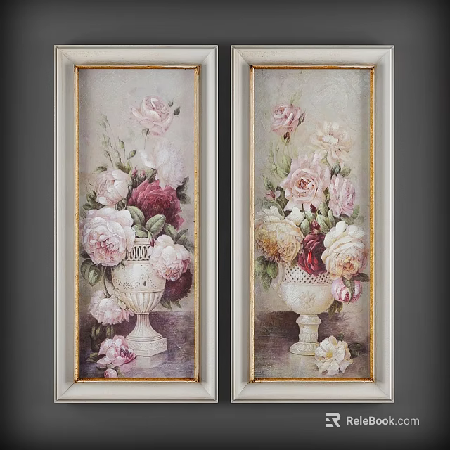 Classical Floral Oil Painting with Vase Pink Red White Roses and Gold Frame 3d model 