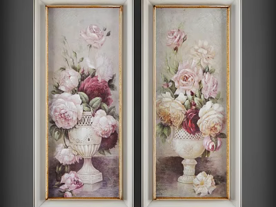 Classical Floral Oil Painting with Vase Pink Red White Roses and Gold Frame 3d model
