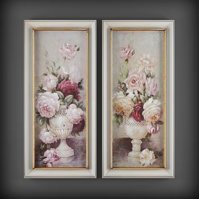 Classical Floral Oil Painting with Vase Pink Red White Roses and Gold Frame 3d model