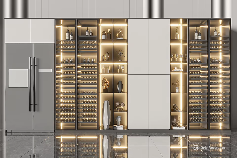 Luxurious Modern Wine Cabinet Design With Illuminated Shelves Wine Bottles And Decorative Items 3d model 