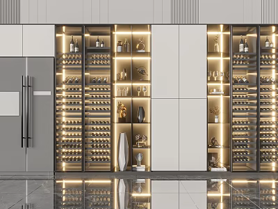 Luxurious Modern Wine Cabinet Design With Illuminated Shelves Wine Bottles And Decorative Items 3d model