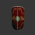 Ancient Red Shield with Gold Spiral Patterns and Lion Designs and Central Silver Metal Buckle
