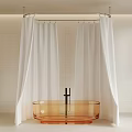 Bathroom Interior With Transparent Orange Bathtub White Shower Curtains And White Tiled Walls