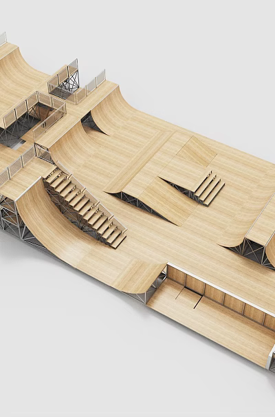 Professional Wooden Skateboarding Sports Equipment with Ramps Stairs and Curved Structures 3d model