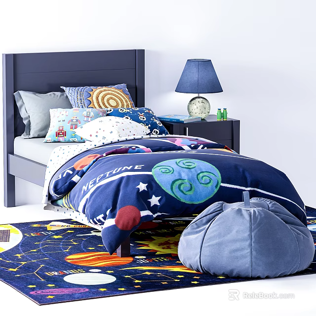 Kids Bed With Dark Blue Quilt Planet Stars Adventure Pillows Nightstand Lamp Bean Bag Chair 3d model 