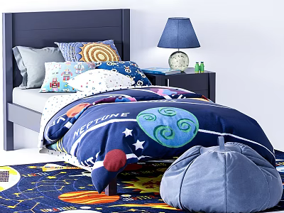 Kids Bed With Dark Blue Quilt Planet Stars Adventure Pillows Nightstand Lamp Bean Bag Chair 3d model