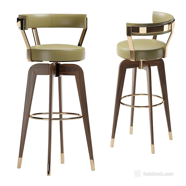 Modern Bar Stools With Green Upholstered Seats Wooden Legs And Gold Accents 3d model 