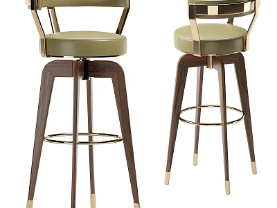 Modern Bar Stools With Green Upholstered Seats Wooden Legs And Gold Accents 3d model