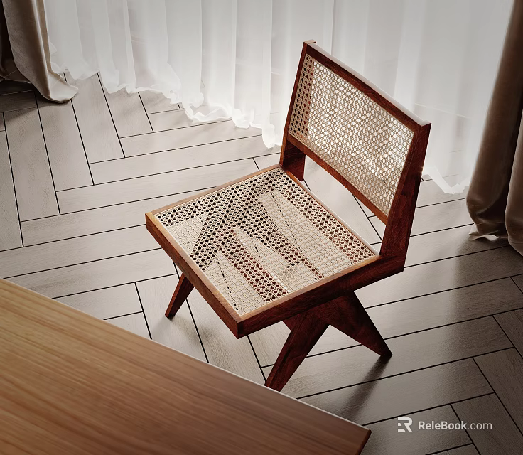 Stylish Woven Leisure Chair With Wooden Frame Herringbone Floor And White Curtains 3d model 