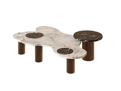Modern Unique Shape Coffee Table With White Black Marble Top And Brown Cylindrical Legs 3d model