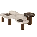 Modern Unique Shape Coffee Table With White Black Marble Top And Brown Cylindrical Legs