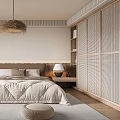 Modern Bedroom Interior With Large Window Scenic View Woven Pendant Light And Wooden Floor Rug