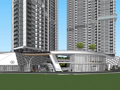 Modern High Rise Buildings With Low Rise Entrance Design And Green Lawn Trees 3d model