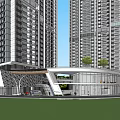 Modern High Rise Buildings With Low Rise Entrance Design And Green Lawn Trees