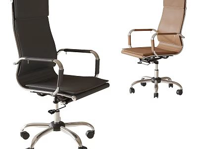 Modern Leather Office Chairs in Black and Brown with Metal Armrests and Swivel Wheels 3d model