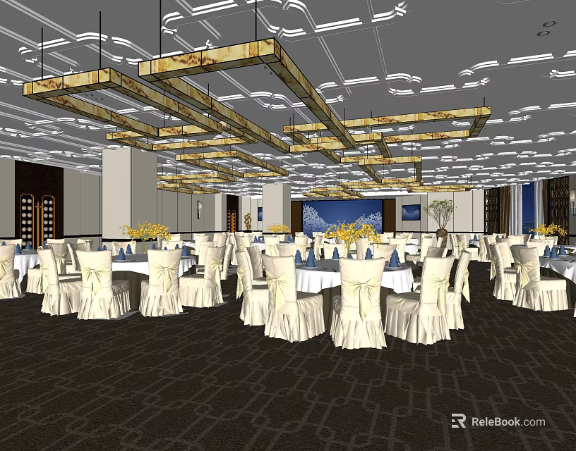 Elegant Banquet Hall Setup With White Tablecloths Golden Chandeliers And Flower Decorations 3d model 
