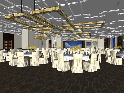 Elegant Banquet Hall Setup With White Tablecloths Golden Chandeliers And Flower Decorations 3d model