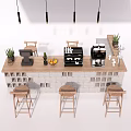 Modern Wooden Bar Counter With Pendant Lights Coffee Machines Plants Fruits And Bar Stools