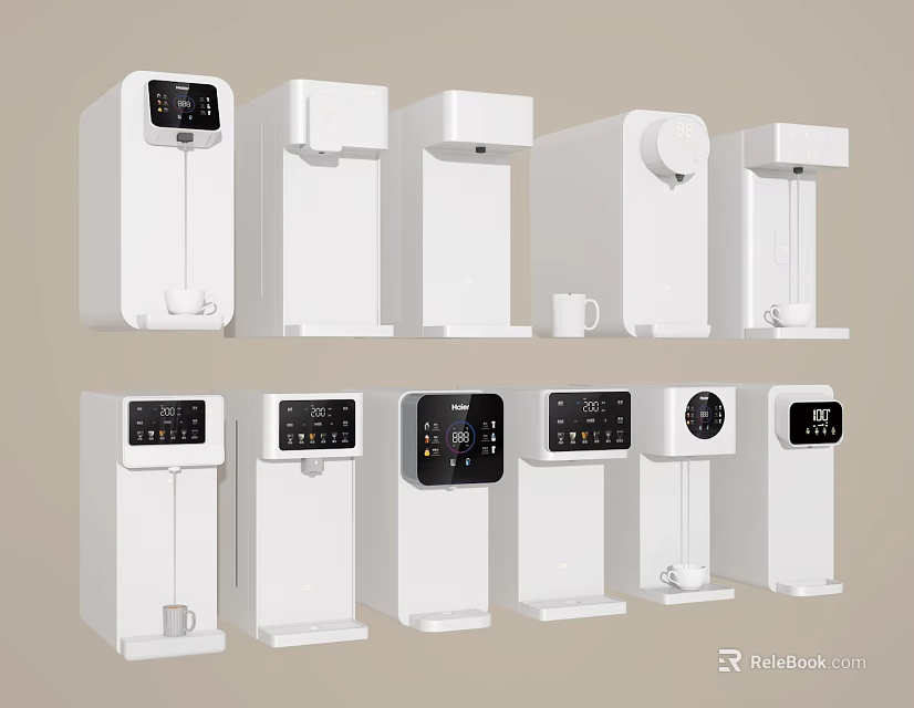 Modern White Water Dispensers Various Styles For Kitchen Appliances With Digital Displays And Cup 3d model 