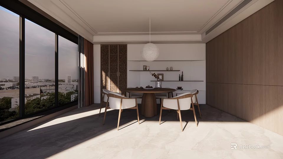 Modern Restaurant Interior Design With Dining Table Chairs Pendant Light And Large Windows 3d model