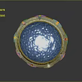 Circular Blue Glowing Orb With Metallic Frame Yellow Decorative Accents Bright Central Light